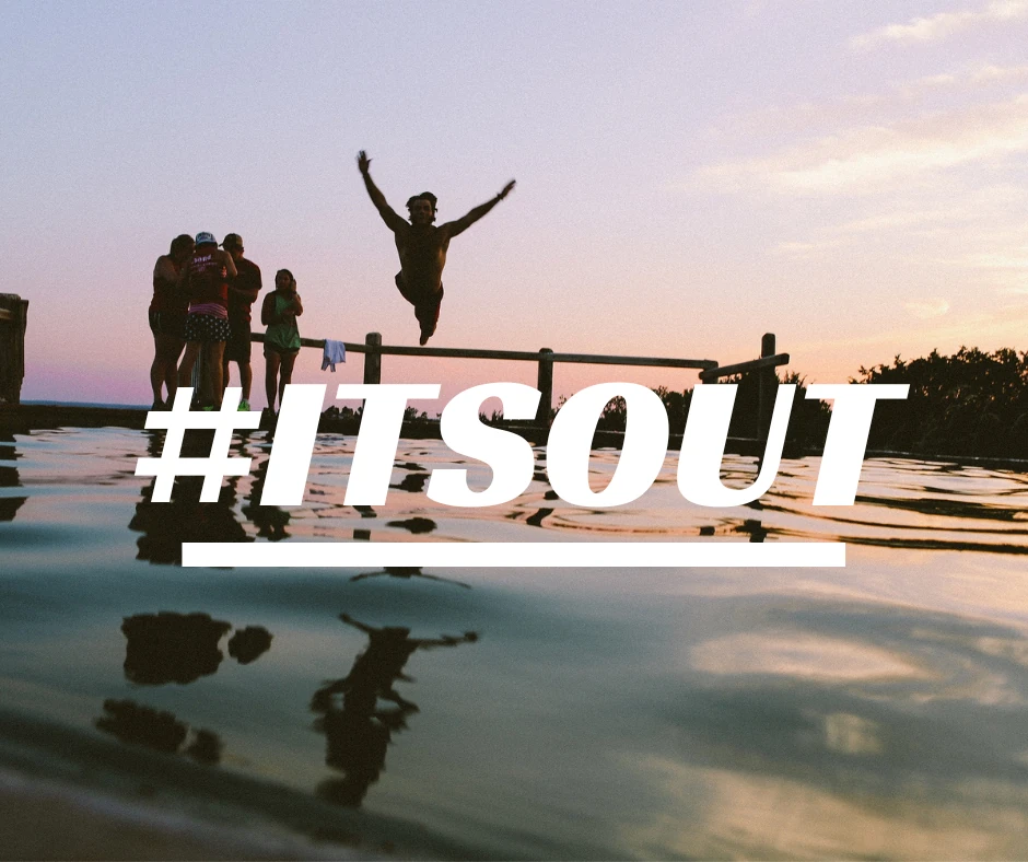 A man jumping into a swimming pool. #itsout