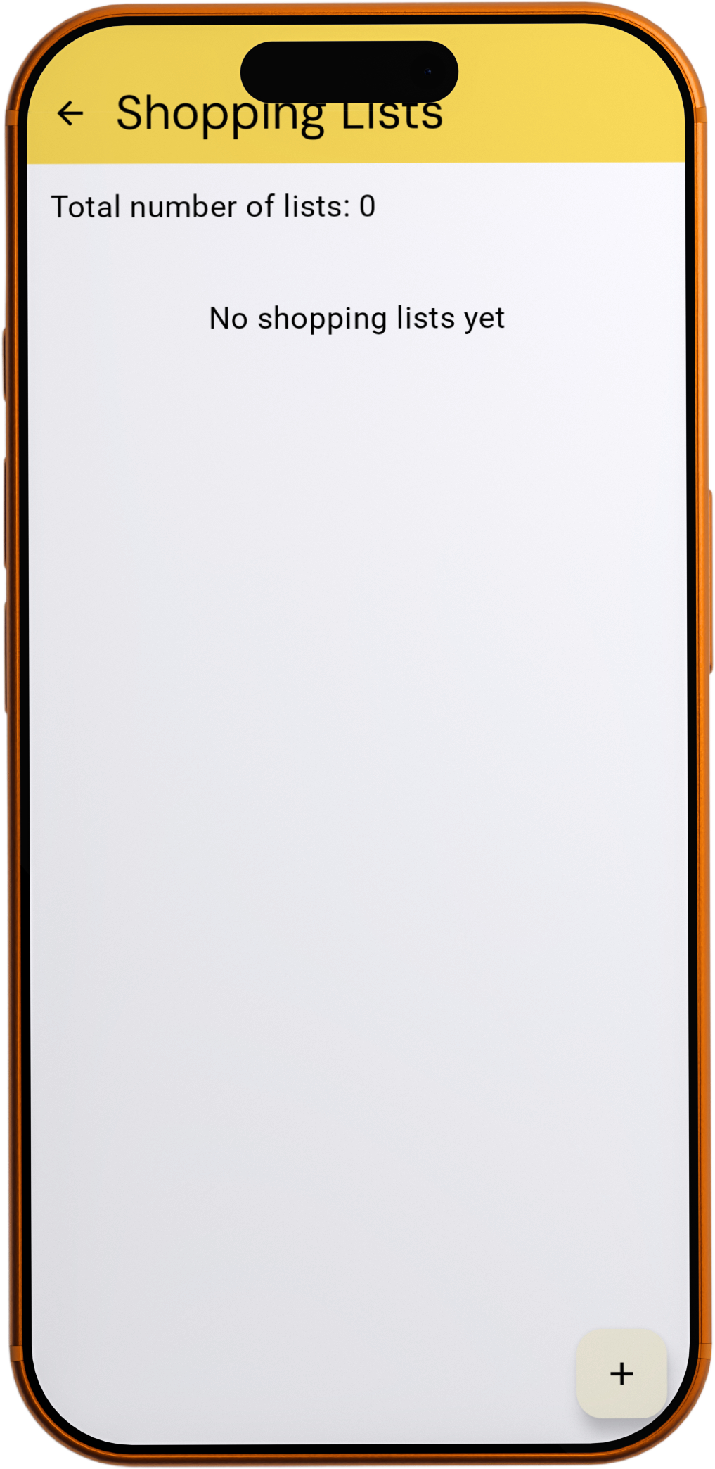 Shoplis uygulamasının ana "Shopping Lists" ekranı boş bir halde gösteriliyor. Üstteki uygulama çubuğu sarı renkte ve üzerinde bir geri ok işareti ile "Shopping Lists" başlığı bulunuyor. Altında "Total number of lists: 0" yazısı yer alıyor. Beyaz ekranın ortasında "Henüz alışveriş listesi yok" yazısı görünüyor. Sağ alt köşede artı simgeli yüzen bir işlem düğmesi bulunuyor.