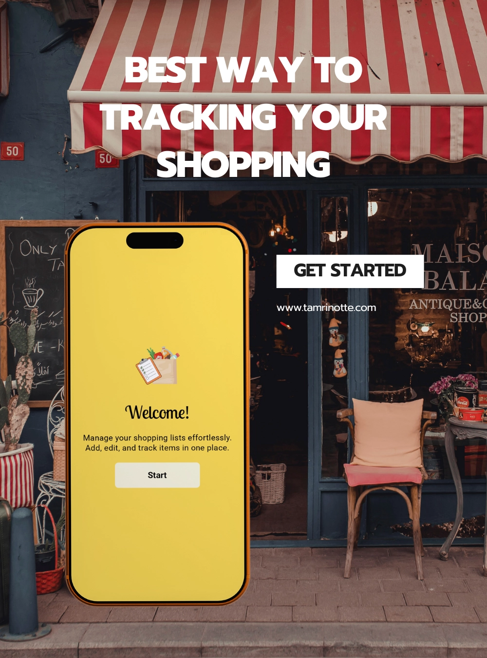 Mobile device displaying the Shoplis shopping list app, promoted as the 'Best Way to Track Your Shopping'.