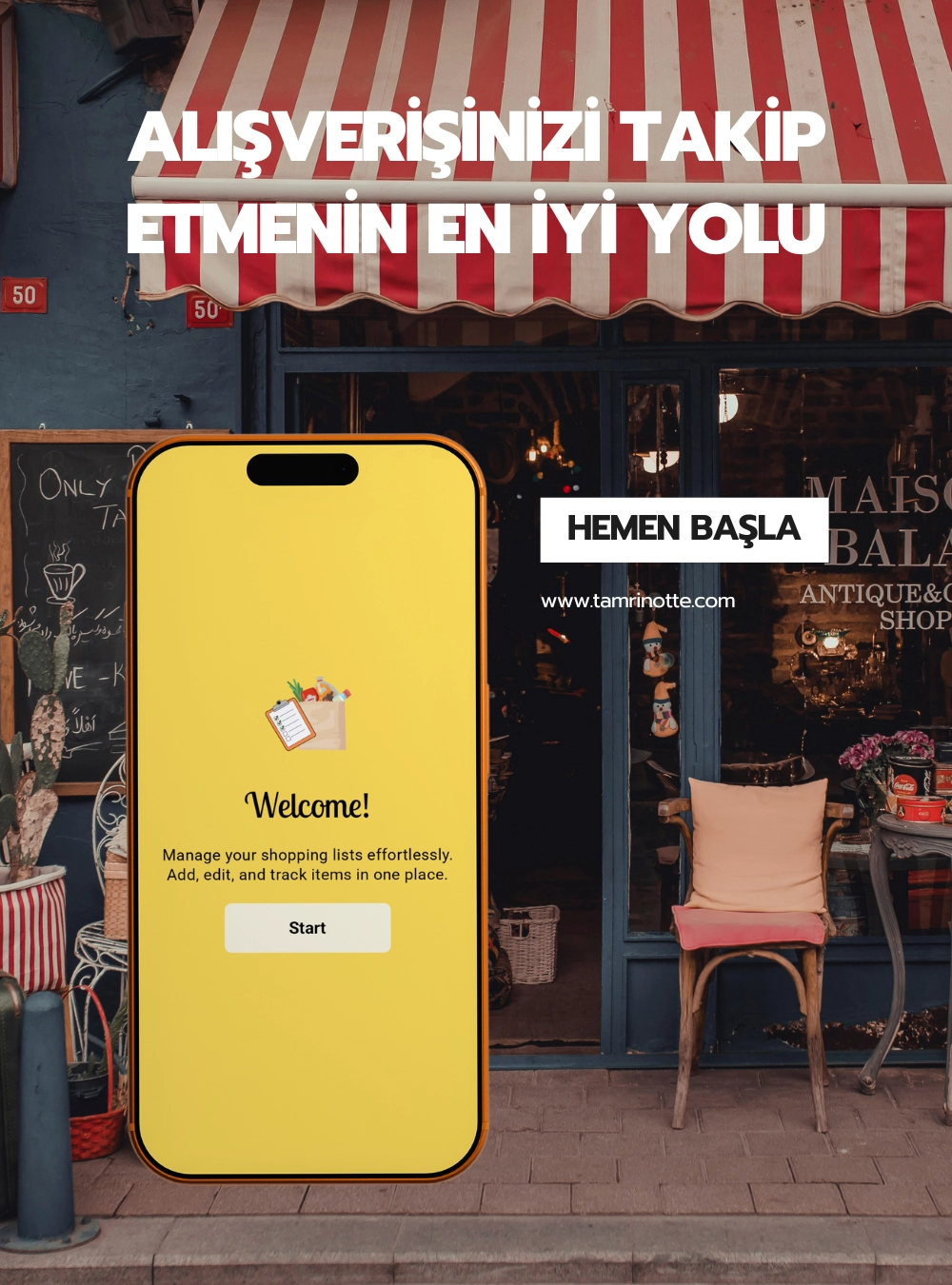'Alışverişinizi Takip Etmenin En İyi Yolu' olarak tanıtılan Shoplis alışveriş listesi uygulamasını gösteren mobil cihaz.
