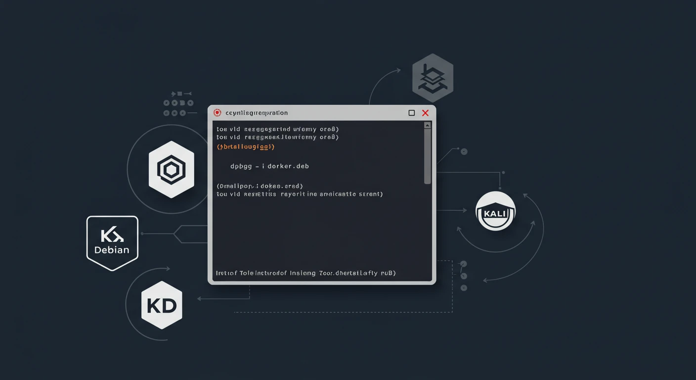 The image displays a dark-themed computer terminal window with code written in a programming language. The code snippet includes a function call and a comment indicating the purpose of the code. Surrounding the terminal are various technology-related icons, including logos for Debian, Kali Linux, and Kubernetes (K8s), suggesting a focus on software development or cybersecurity. The overall design features a modern, tech-oriented aesthetic with a network-like background.