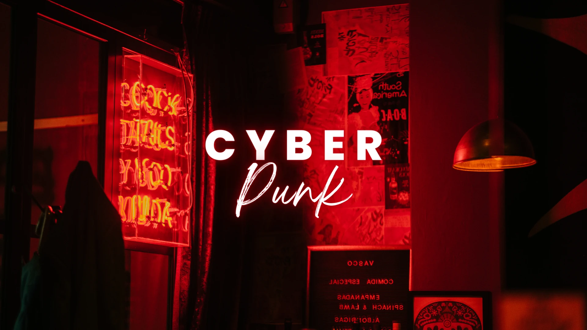 Ortasında 'CYBER Punk' başlığının yazılı olduğu ve neon beyaz renkle vurgulanan bir merkez görseli.