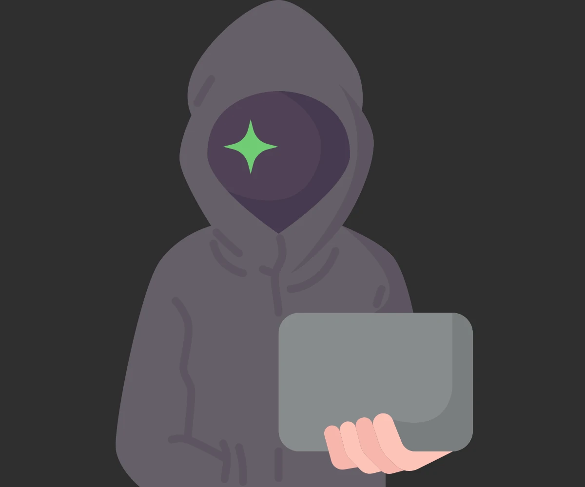 Kapşonlu üstünün altında yüzü gizlenmiş bir hacker, elinde dizüstü bilgisayarıyla koyu gri bir fonun önünde duruyor.