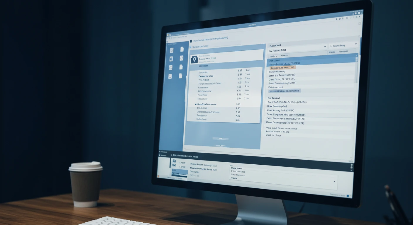 A modern computer monitor displays a software interface with various data entries and options. The screen features a light blue and white color scheme, showcasing a list of items or records, possibly related to business or project management. In the foreground, a coffee cup sits on a wooden desk, adding a casual touch to the workspace. The background is softly lit, creating a focused atmosphere for productivity.