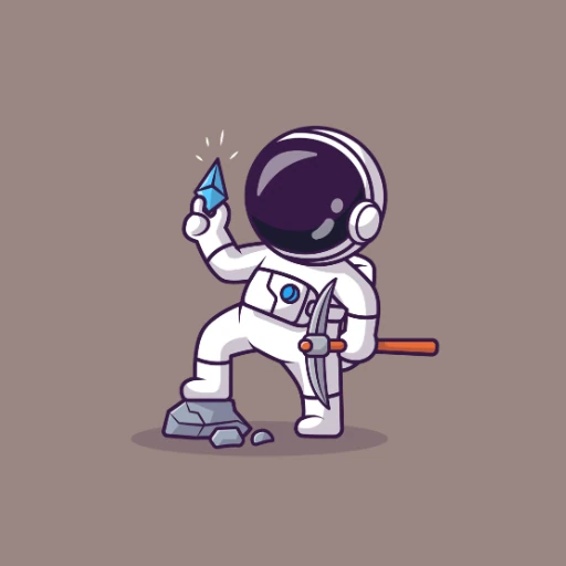 Sevimli bir çizgi film astronotu, bir kayaya zaferle ayakta duruyor ve bir elinde parıldayan mavi bir kristal tutuyor. Astronot, yuvarlak bir kaskla klasik beyaz bir uzay giysisi giyiyor ve diğer elinde bir kılıç taşıyarak macera ve keşif duygusunu yansıtıyor. Sahne, yumuşak, pastel kahverengi bir arka planla oynak ve renkli bir tarzda işlenmiş, neşeli atmosferi güçlendiriyor.