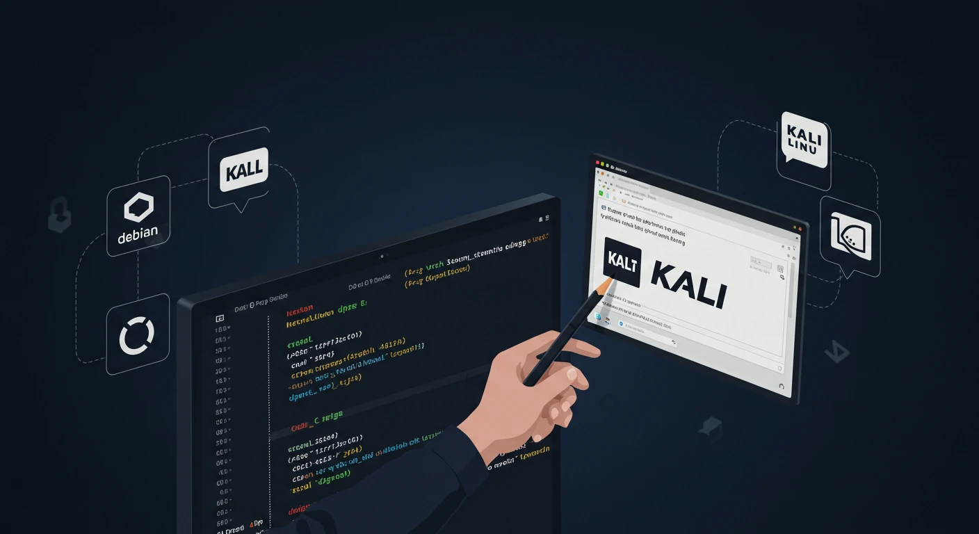 Bir dijital illüstrasyon, 'KALI' kelimesini görüntüleyen bir bilgisayar ekranına yazmaya hazır bir kalem tutan bir eli betimler. Ekranın çevresinde, kod parçacıkları ve ağ sembolleri de dahil olmak üzere siber güvenlik ve programlama kavramlarını temsil eden çeşitli simgeler bulunur, tümü koyu bir arka plana karşı ayarlanmıştır. Genel tema, özellikle Kali Linux işletim sistemi ile ilgili teknoloji ve kodlamayı vurgular.