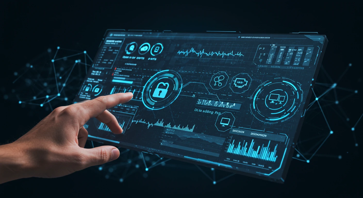 A futuristic interface displaying various data analytics and security metrics is shown. A hand reaches out to interact with the holographic screen, which features icons for data management, security locks, and real-time graphs. The background is dark, emphasizing the glowing blue elements of the digital dashboard, which includes network connections and visualizations of data flow.
