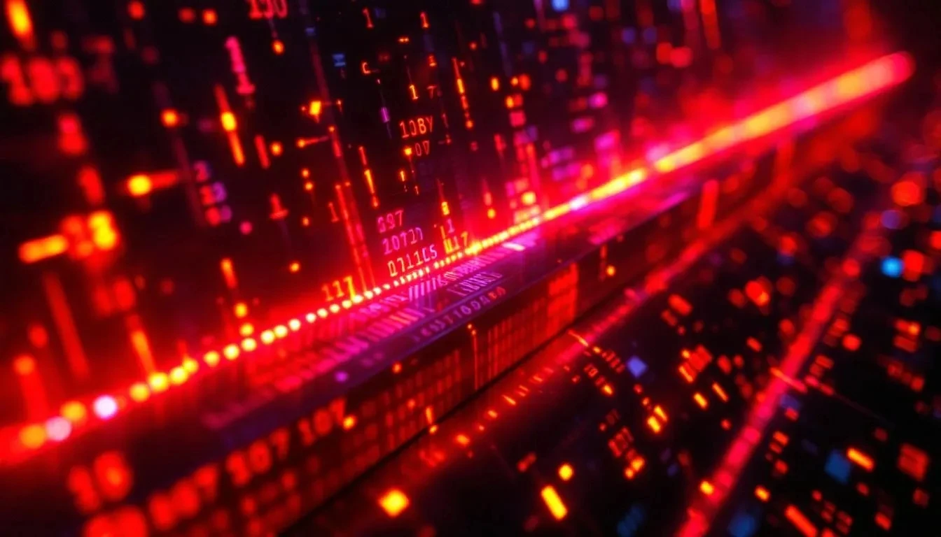 A futuristic digital interface with glowing red data streams and scattered numeric code patterns, visualizing high-tech cybersecurity environments or advanced data analysis systems.