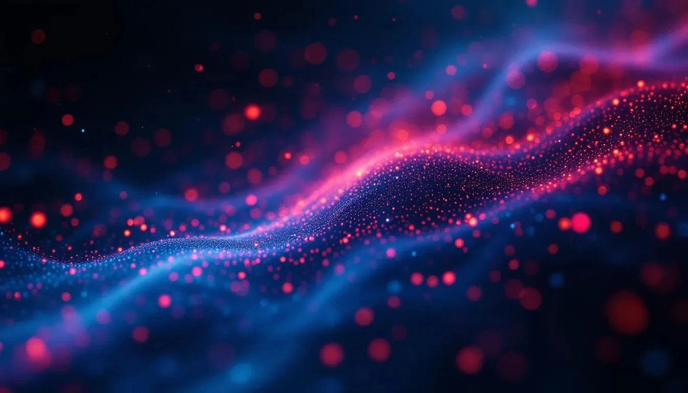 A vibrant digital wave of glowing pink and blue particles floating in a dark, space-like background, representing dynamic data flow, artificial intelligence, or deep tech networks.