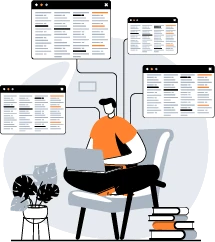 Illustration of a person sitting on a chair using a laptop, surrounded by floating windows representing multiple software dashboards or interfaces. Books and a potted plant are placed nearby, symbolizing a tech-focused, organized workspace.