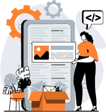 Illustration of a developer presenting a mobile app interface on a large smartphone, surrounded by coding symbols, gears, and digital communication elements, symbolizing mobile app development.